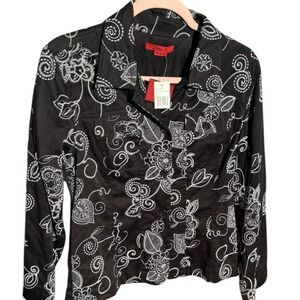Joni B Women's Top L Black White Floral Paisley Embroidered Shirt Style 41824